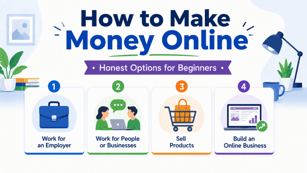 Illustration showing four main ways to make money online: work for an employer, work for people or businesses, sell products, or build an online business.