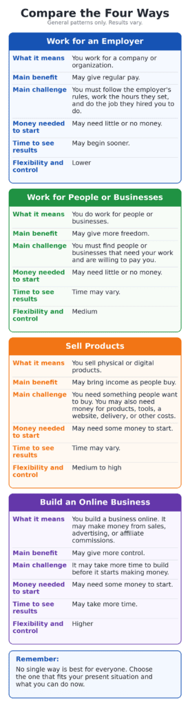 Mobile comparison of four ways to make money online, showing what each means, its main benefit and challenge, money needed to start, time to see results, and flexibility.
