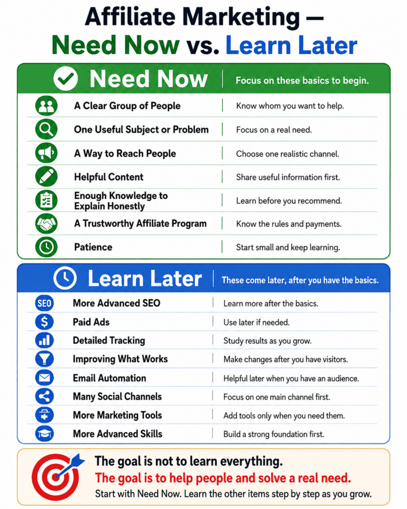 Comparison showing what an affiliate marketing beginner needs now and which advanced skills and tools can be learned later.