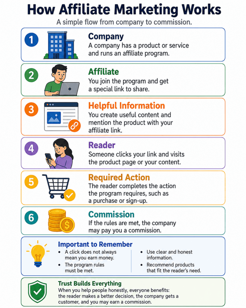Diagram showing how affiliate marketing works from company to affiliate, helpful recommendation, reader, qualifying action, and possible commission.