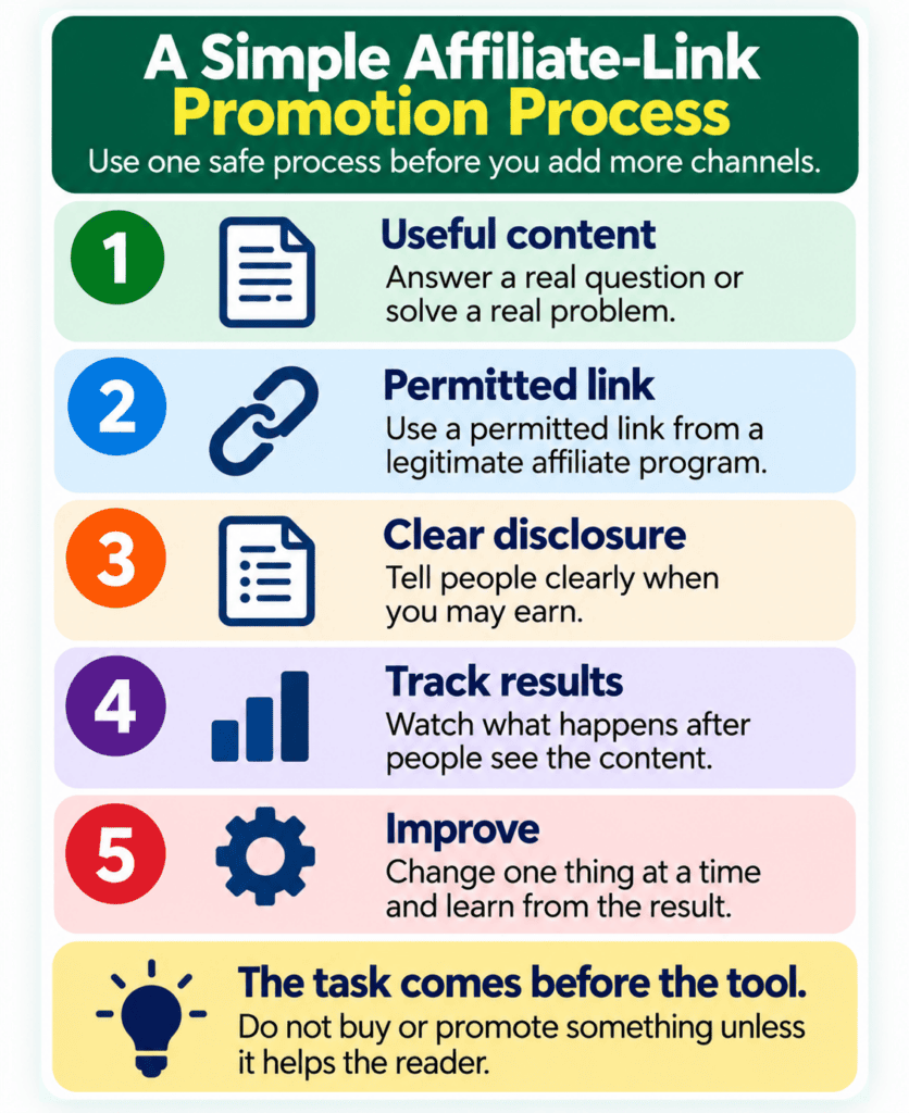 Five-step affiliate-link promotion process: create useful content, use a permitted link, disclose clearly, track results, and improve.