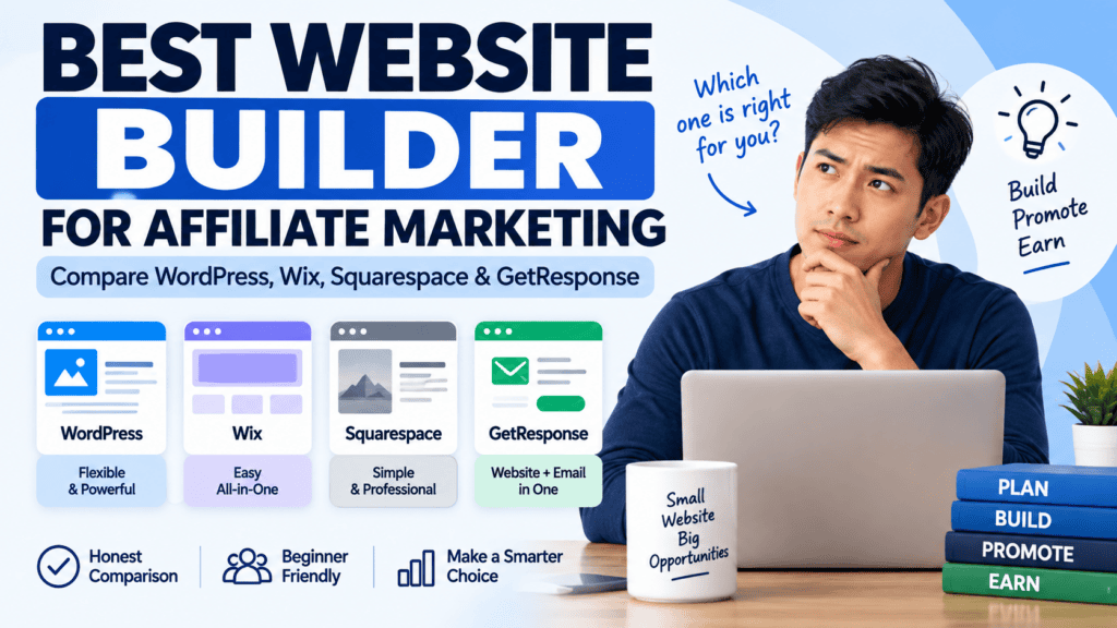 Best website builder for affiliate marketing comparison featuring WordPress, Wix, Squarespace, and GetResponse.