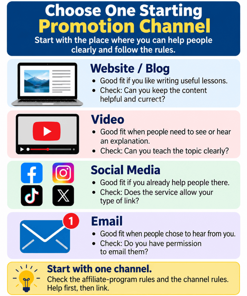 Four affiliate promotion channels for beginners: website or blog, video, social media, and email.