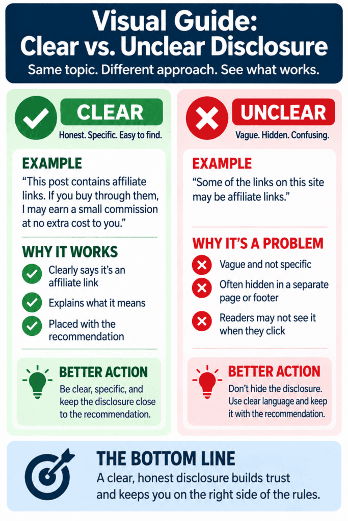 Visual guide comparing clear and unclear affiliate disclosures with examples and better actions