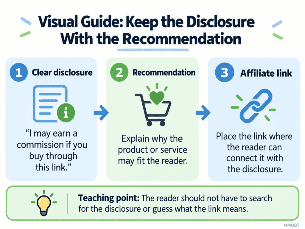 Visual guide showing clear disclosure, recommendation, and affiliate link in that order