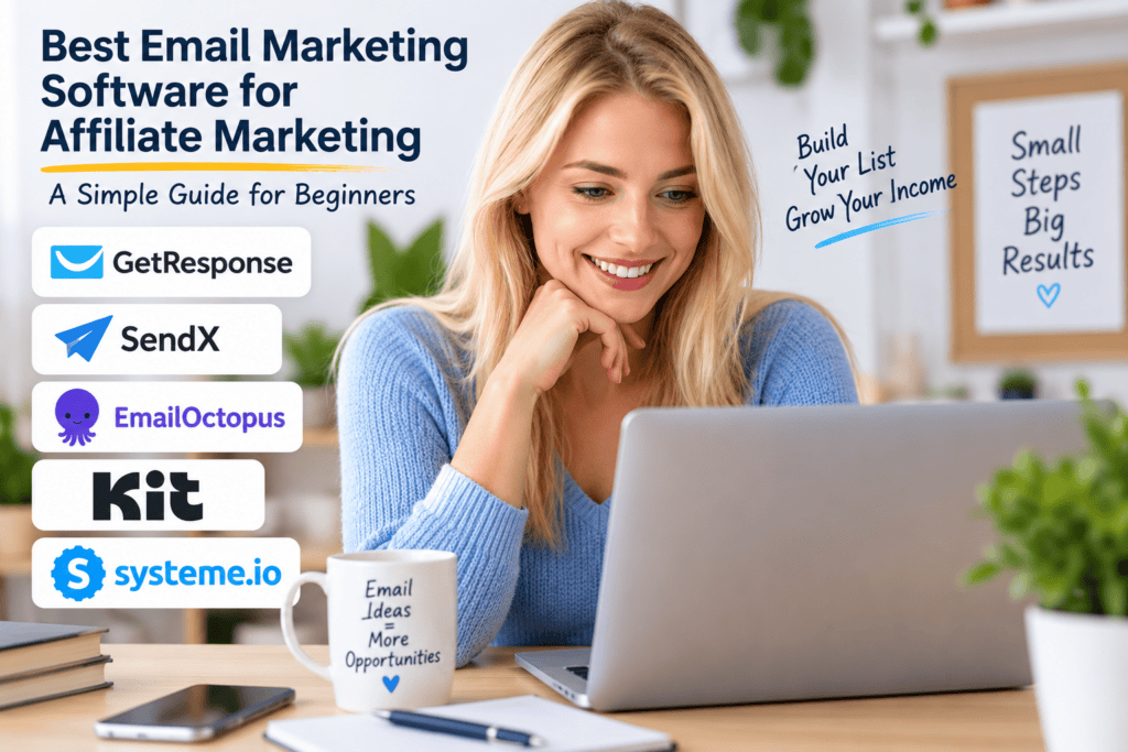 Young woman comparing email marketing software for affiliate marketing on a laptop.