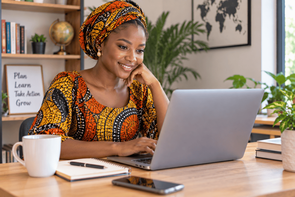 Young African woman in African attire working on affiliate marketing at a laptop.