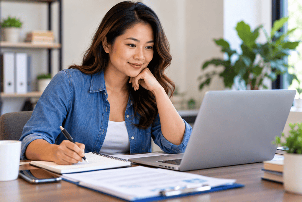 Asian American woman reviewing online business registration information on a laptop