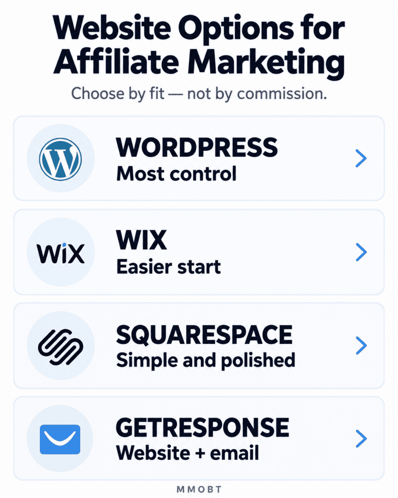 Website options for affiliate marketing: WordPress, Wix, Squarespace, and GetResponse