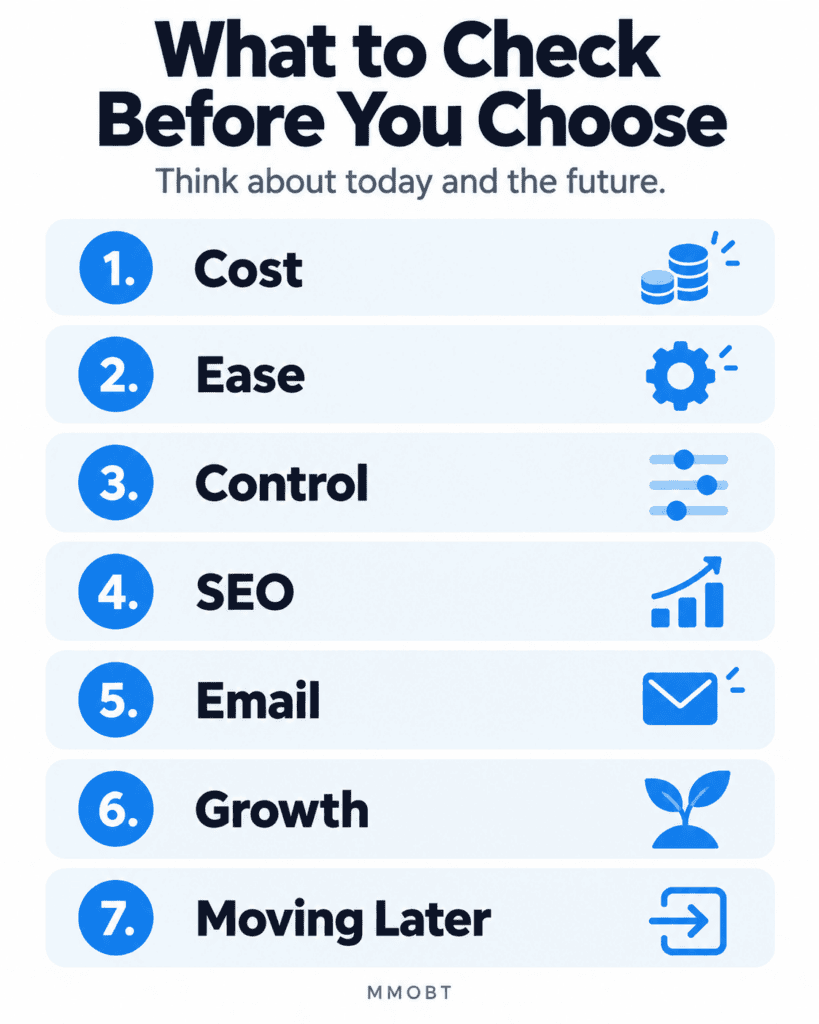 Seven things to check before choosing a website builder: cost, ease, control, SEO, email, growth, and moving later