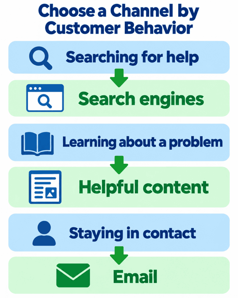 Diagram showing customer behaviors matched with marketing channels: Searching for help to Search engines, Learning about a problem to Helpful content, and Staying in contact to Email.