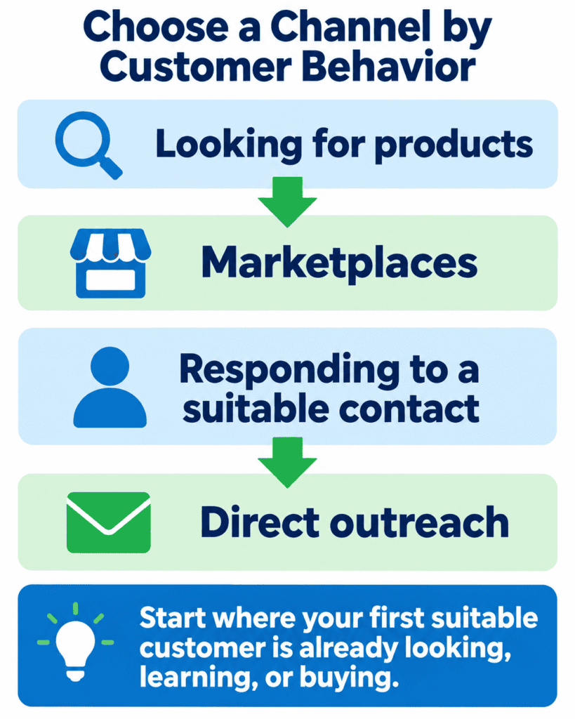 Diagram showing customer behaviors matched with marketing channels: Looking for products to Marketplaces, and Responding to a suitable contact to Direct outreach, with a note to start where your first suitable customer is already looking, learning, or buying.