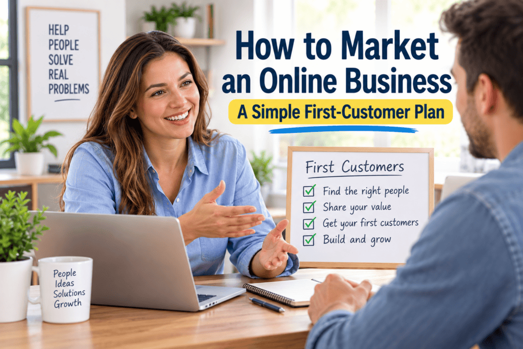 Two people discussing how to market an online business, with a laptop and the article title “How to Market an Online Business: A Simple First-Customer Plan.”