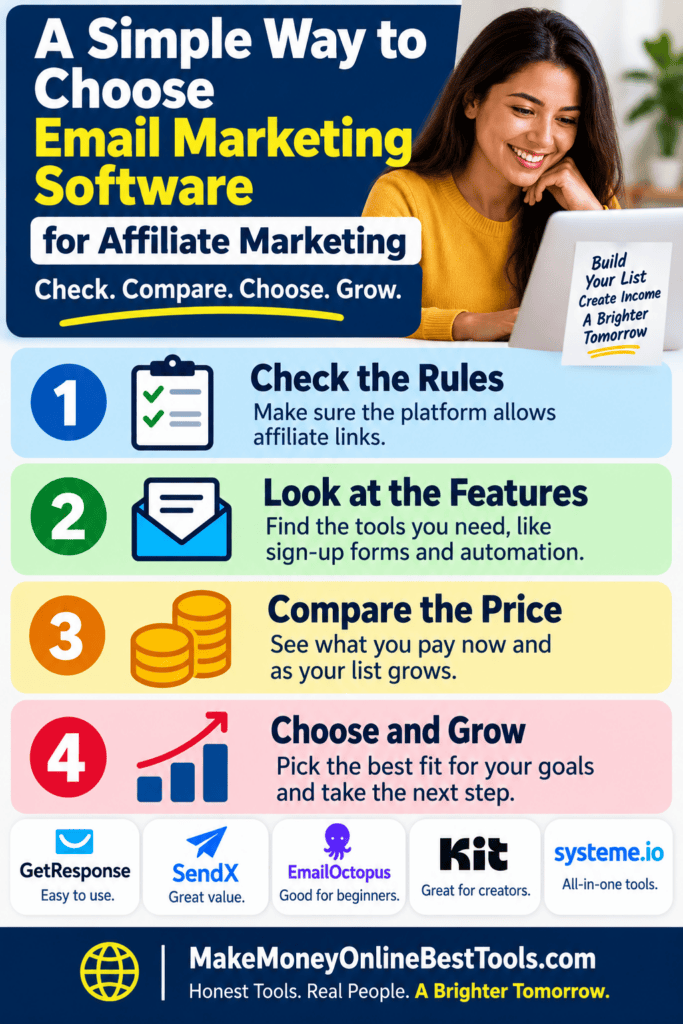 Four steps for choosing email marketing software for affiliate marketing: check the rules, look at the features, compare the price, and choose for growth.