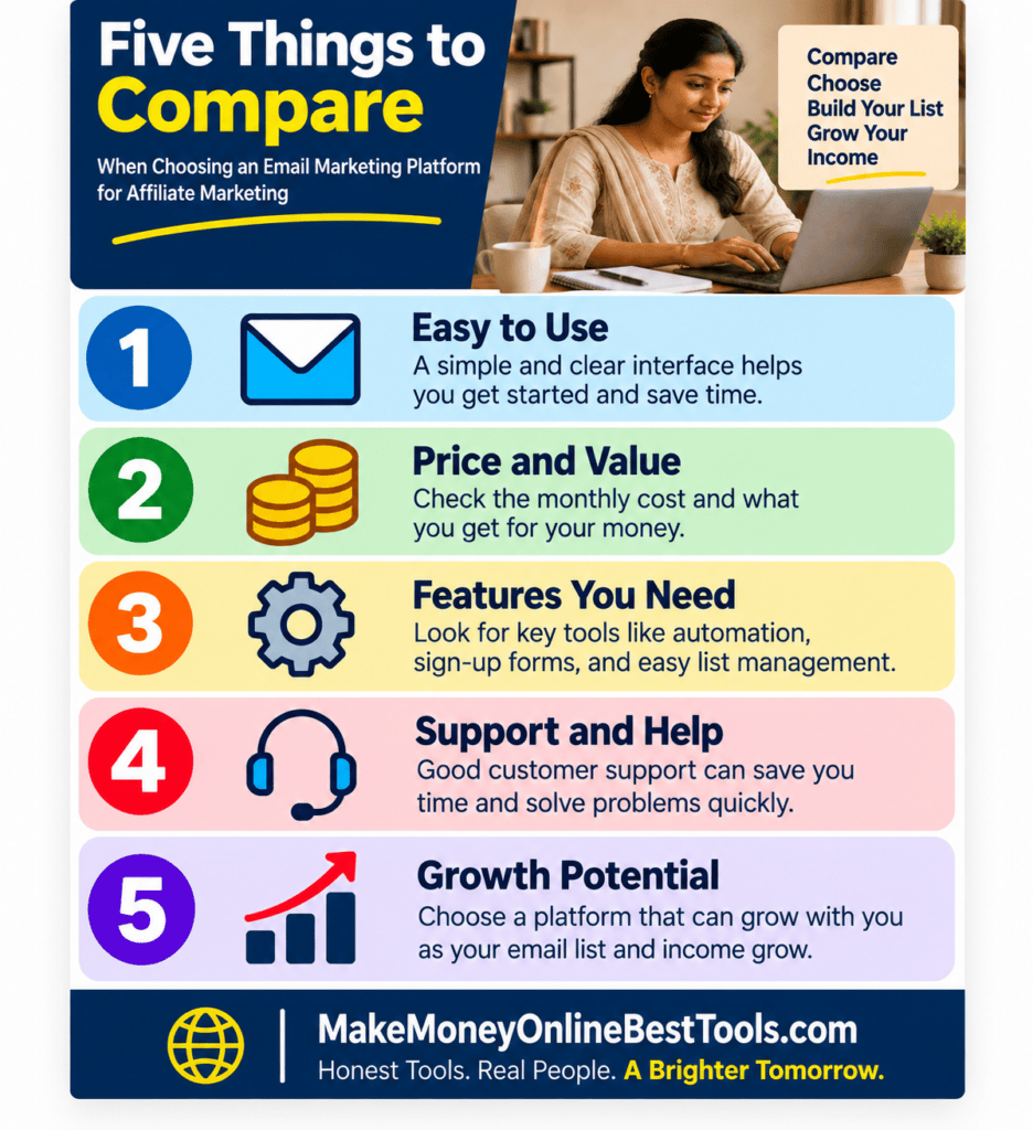 Five things to compare when choosing email marketing software for affiliate marketing: ease of use, price and value, needed features, support, and growth potential.