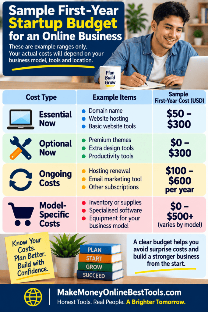 Sample first-year startup budget showing essential, optional, ongoing, and model-specific online business costs