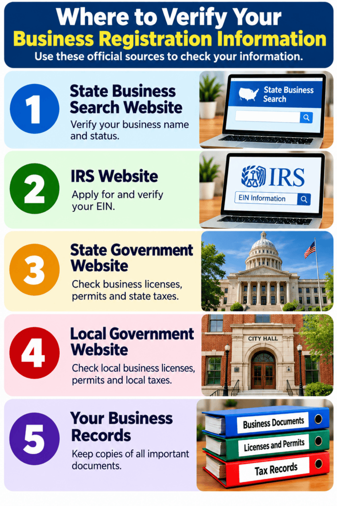 Where to verify online business registration information using official U.S. government sources and qualified professional help.