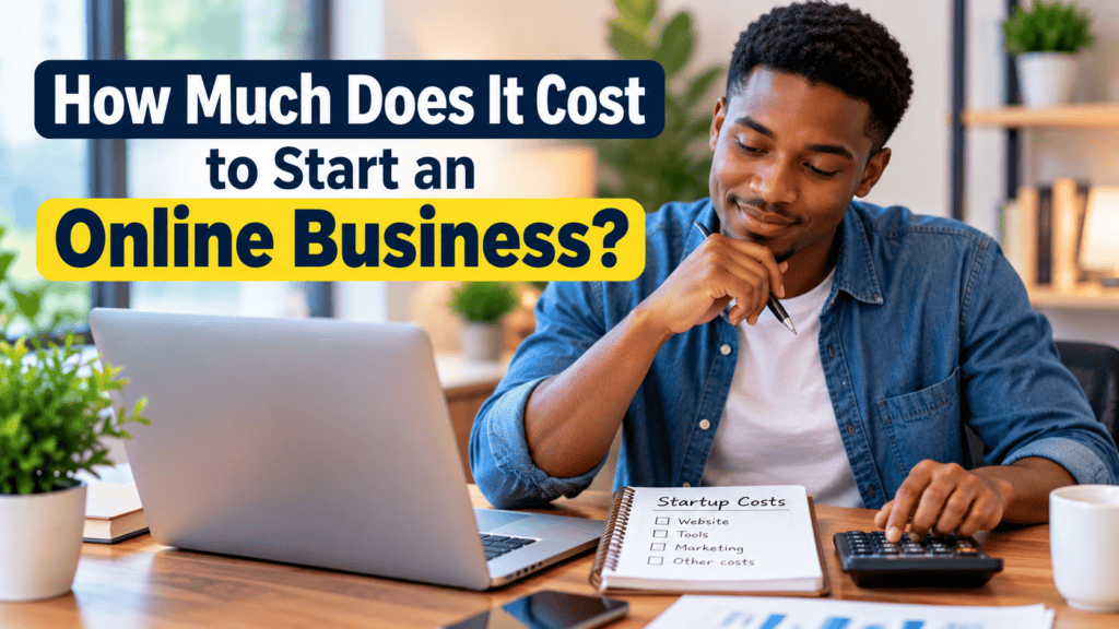 Young Black man using a calculator to plan the cost of starting an online business