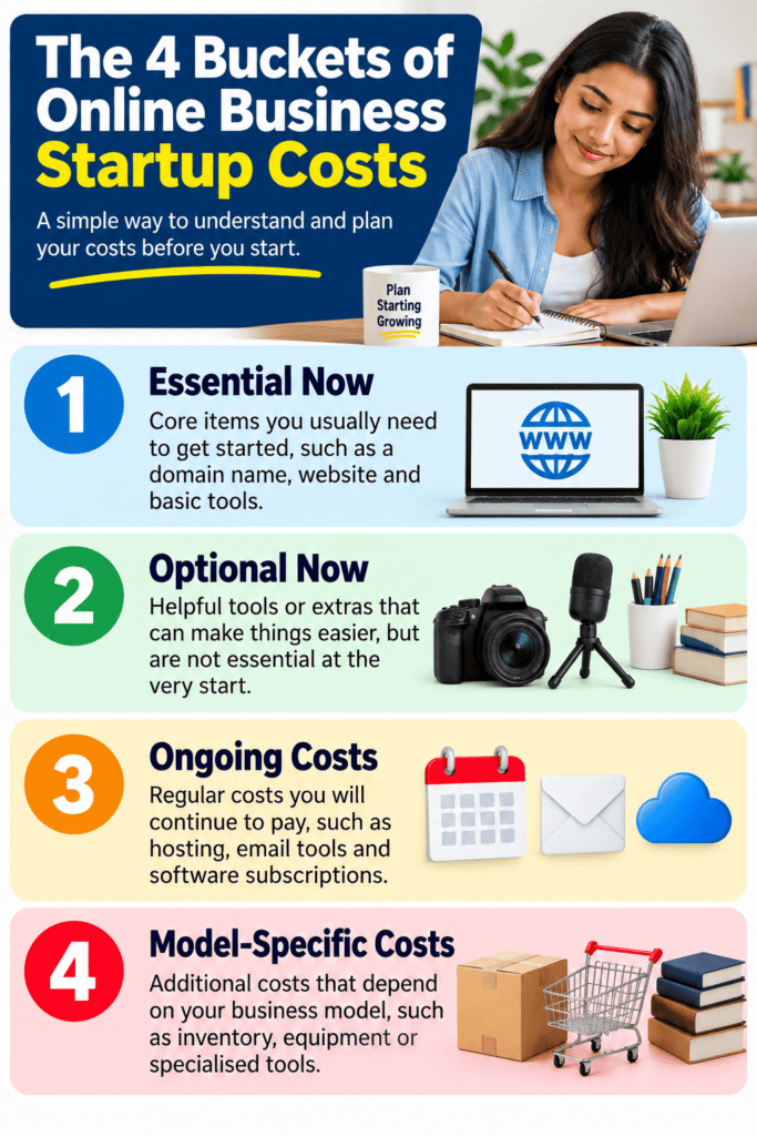 Four buckets of online business startup costs: Essential Now, Optional Now, Ongoing Costs, and Model-Specific Costs