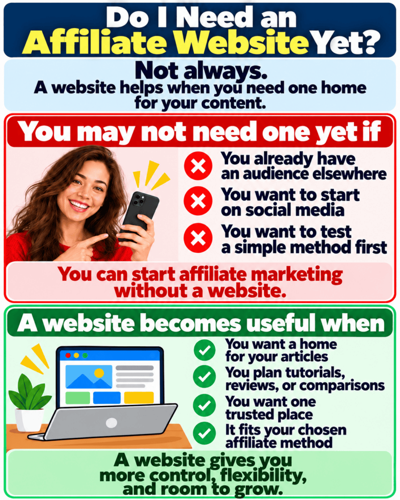Decision guide showing when an affiliate website is not yet needed and when it becomes useful.