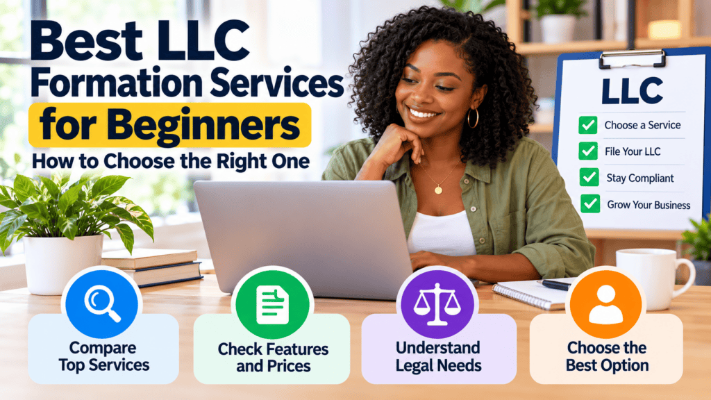 Woman comparing LLC formation services on a laptop beside an LLC checklist.