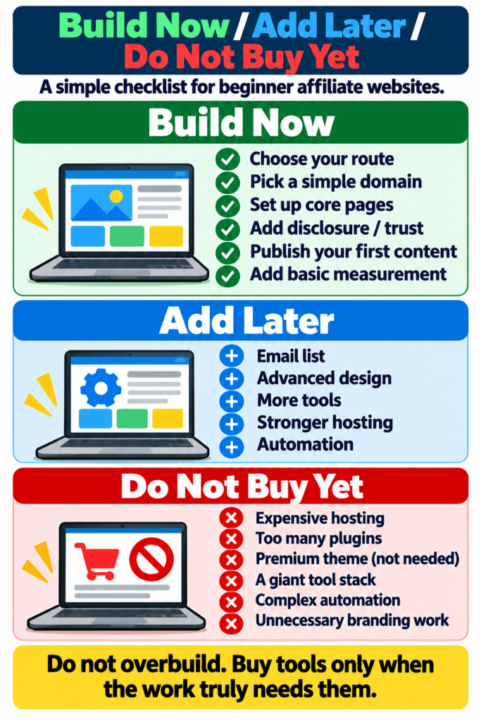 Checklist showing what to build now, add later, and not buy yet when starting an affiliate website.