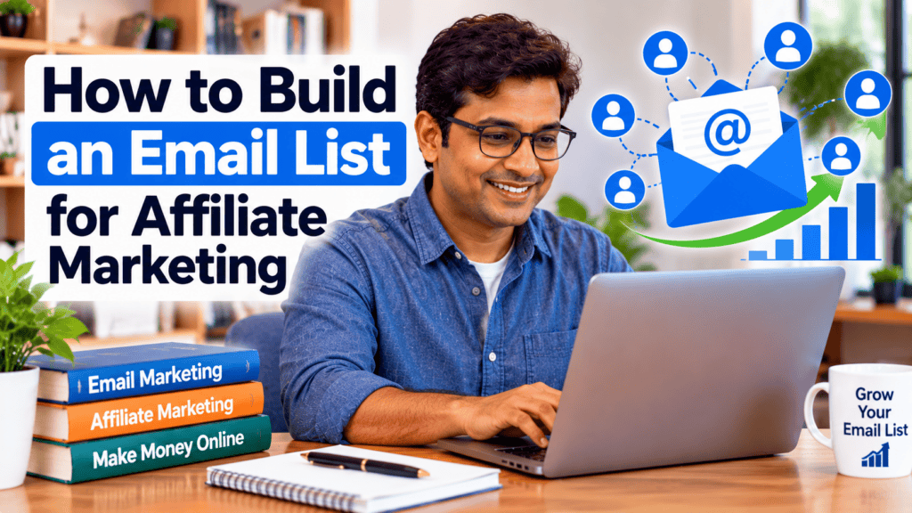 Indian man working on a laptop, illustrating how to build an email list for affiliate marketing.