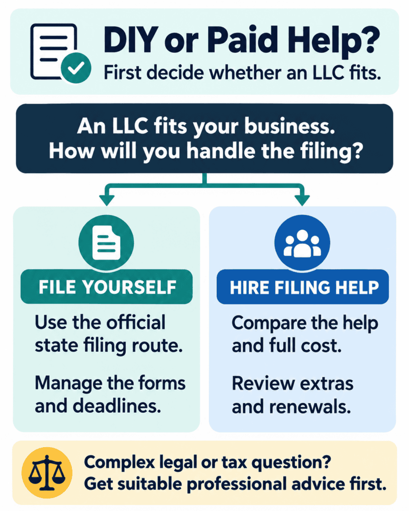 Decision diagram showing the choice between filing an LLC yourself or hiring paid filing help.