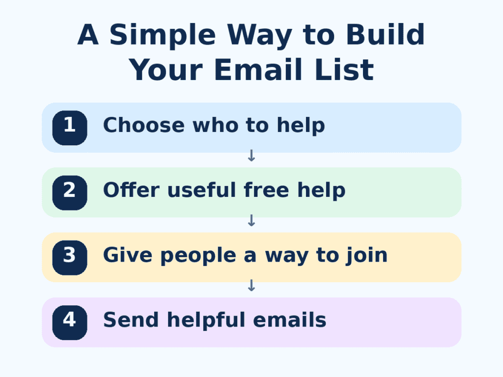 Four steps to build an email list: choose who to help, offer useful free help, give people a way to join, and send helpful emails.