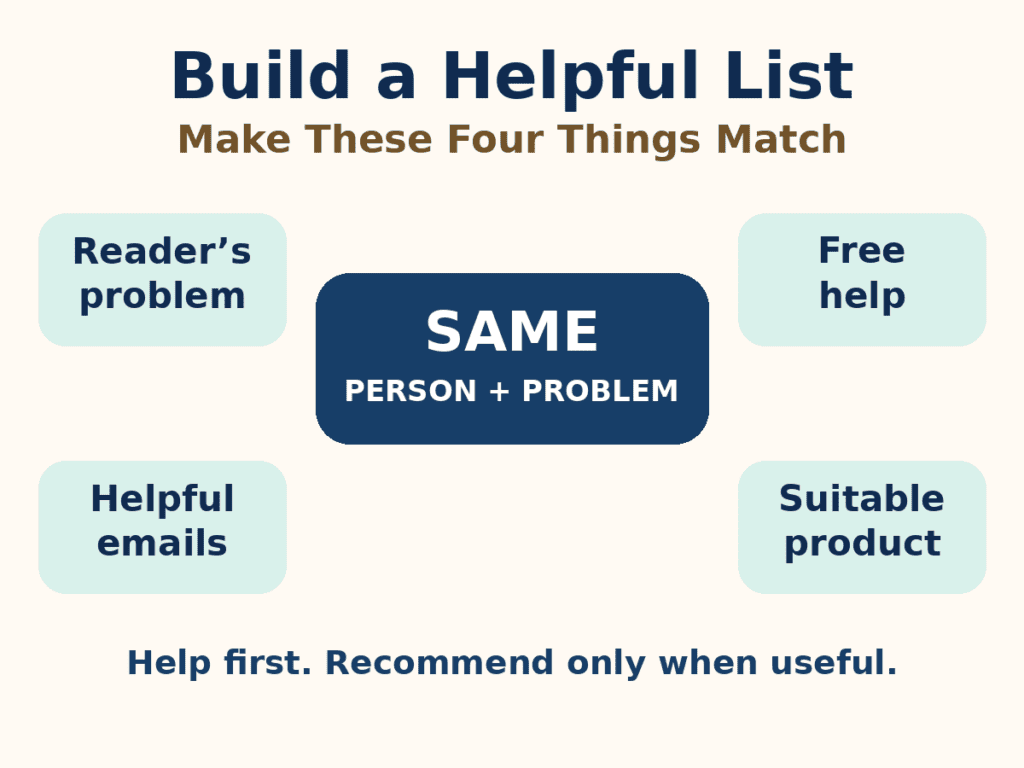 Four things that should match when building a helpful email list: the reader's problem, free help, helpful emails, and a suitable product.