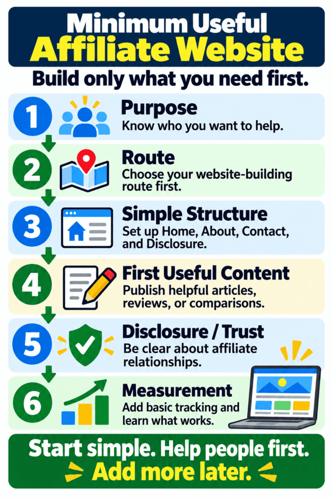 Six-step guide to building a minimum useful affiliate website: purpose, route, structure, content, disclosure, and measurement.