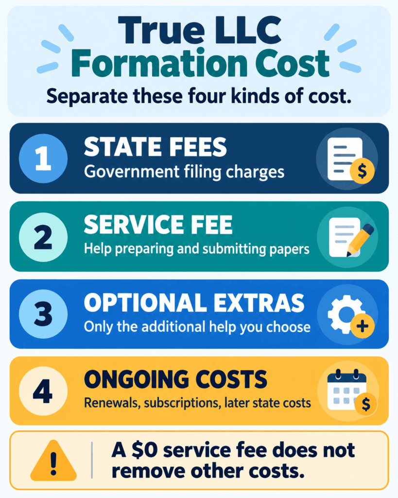 Infographic showing four kinds of LLC formation cost: state fees, service fee, optional extras, and ongoing costs.